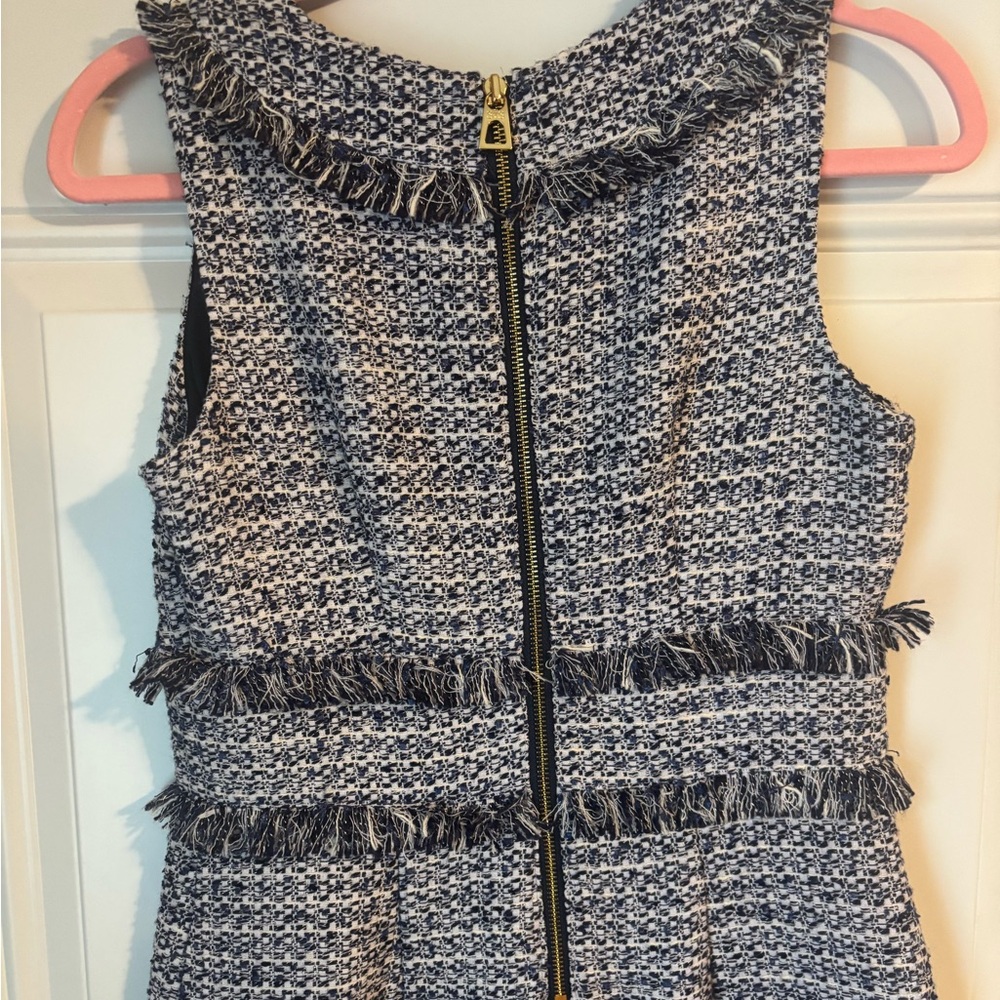 Wedding Guest Ready Sail to Sable Navy & White Tweed Fringe Shift Dress - Picture 6 of 11